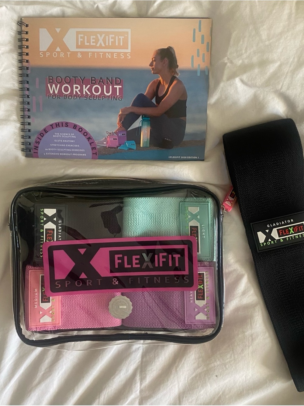 Flexi Sport & Fitness Band Set  Black, Pink, Lavender & Teal with Exercise Book